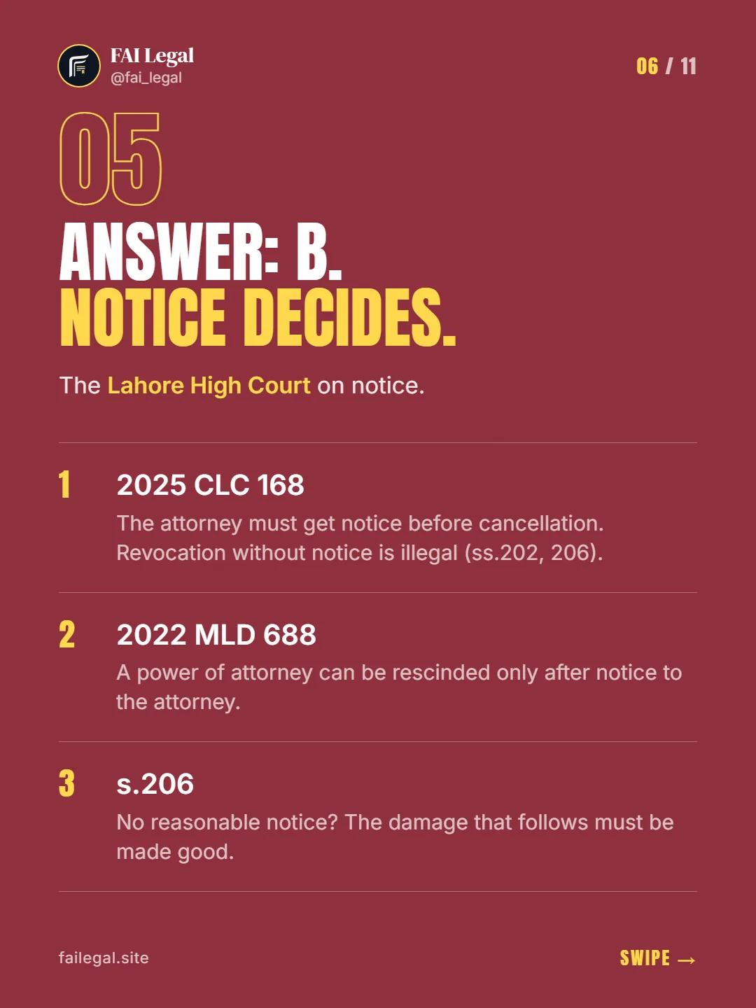 Answer: B. Notice decides. · The Lahore High Court on notice. · 2025 CLC 168 · 2022 MLD 688 · s.206