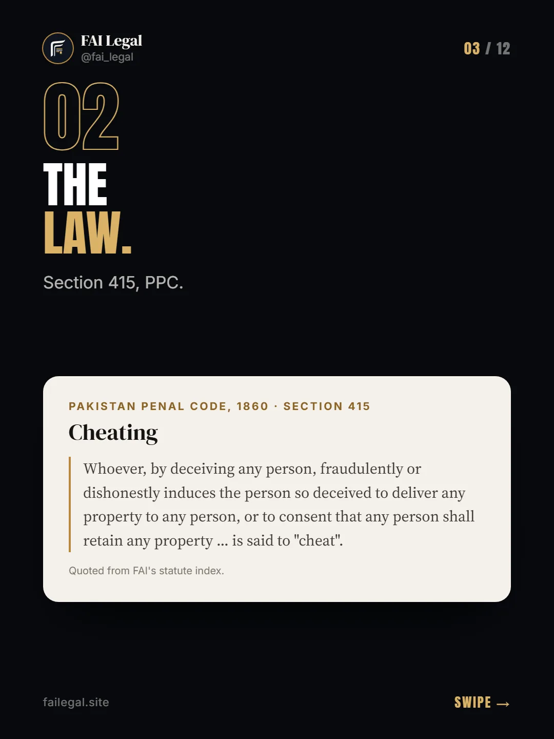 The law. · Section 415, PPC. · Pakistan Penal Code, 1860 · Section 415
