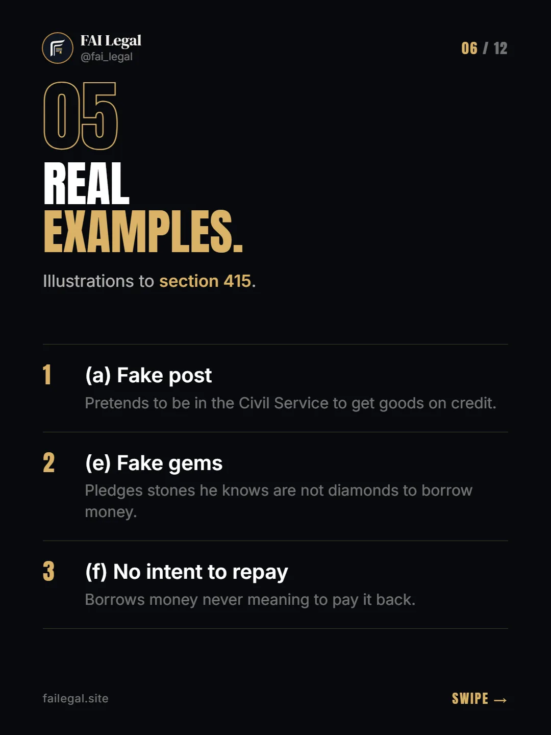 Real examples. · Illustrations to section 415. · (a) Fake post · (e) Fake gems · (f) No intent to repay