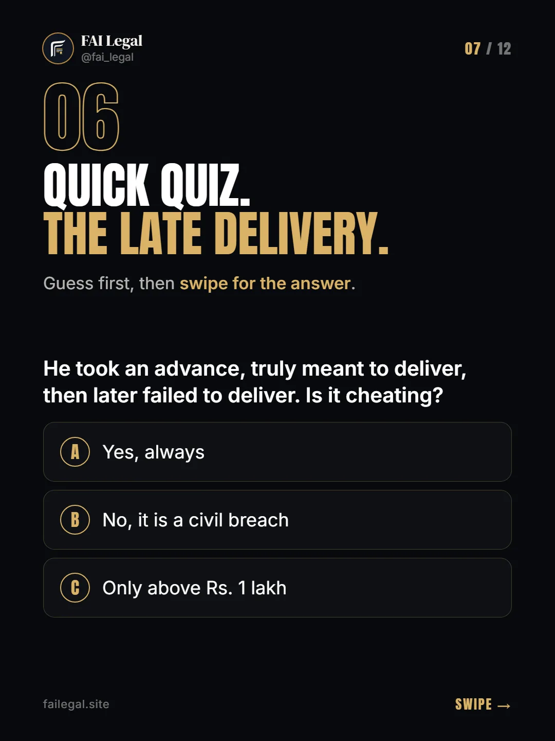 Quick quiz. The late delivery. · Guess first, then swipe for the answer. · A. Yes, always · B. No, it is a civil breach · C. Only above Rs. 1 lakh