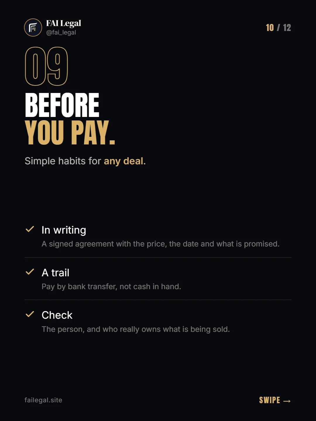 Before you pay. · Simple habits for any deal. · In writing · A trail · Check