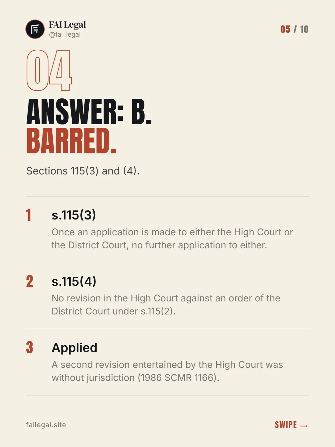 Answer: B. Barred. · Sections 115(3) and (4). · s.115(3) · s.115(4) · Applied