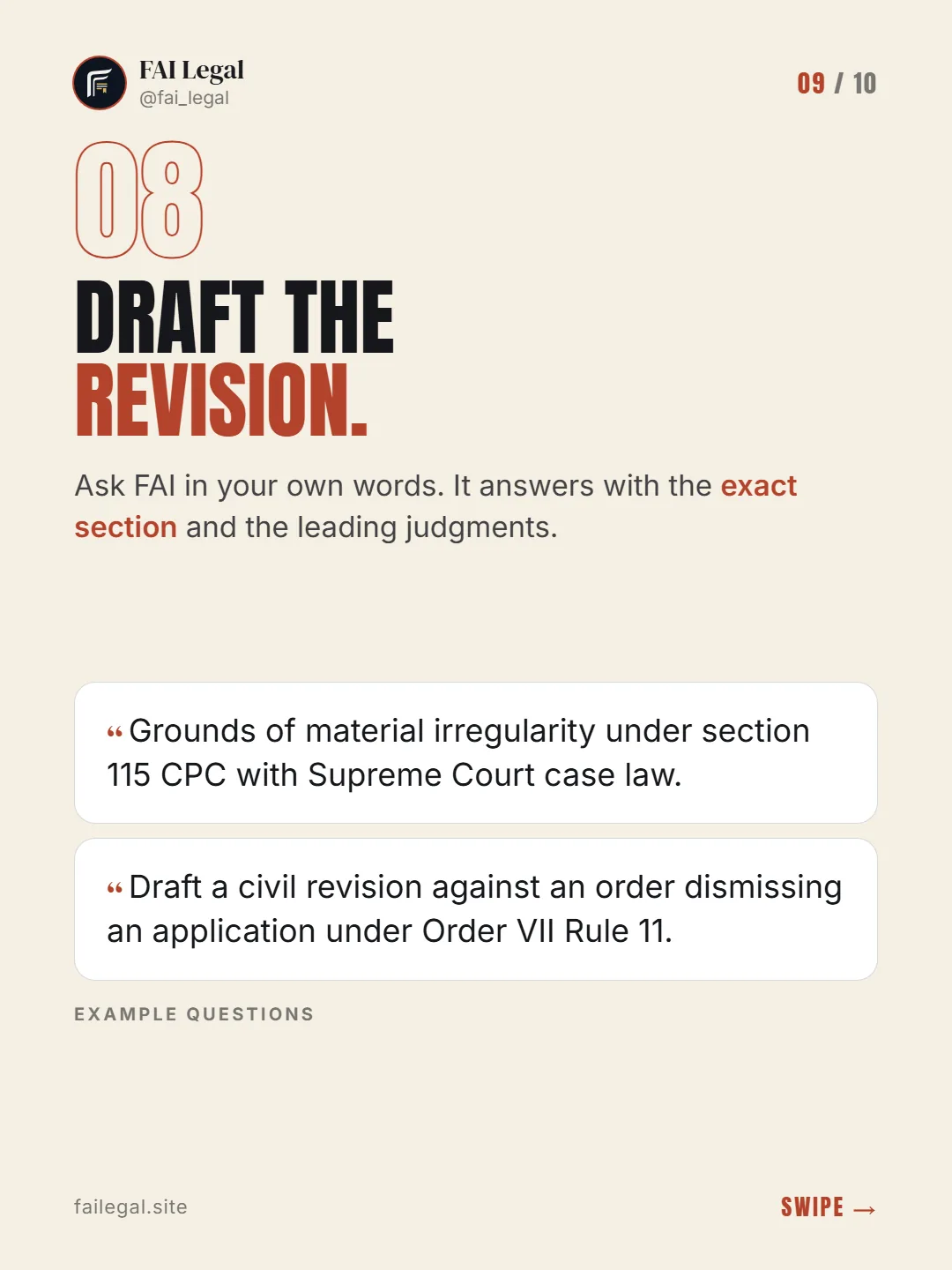 Draft the revision. · Ask FAI in your own words. It answers with the exact section and the leading judgments. · Grounds of material irregularity under section 115 CPC with Supreme Court case law. · Draft a civil revision against an order dismissing an application under Order VII Rule 11.