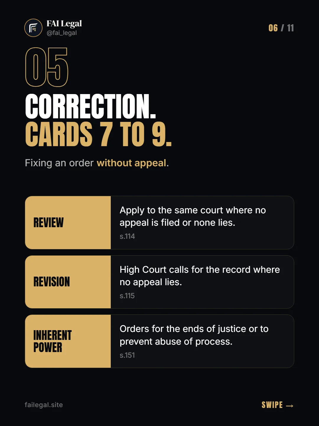 Correction. Cards 7 to 9. · Fixing an order without appeal. · Review · Revision · Inherent power
