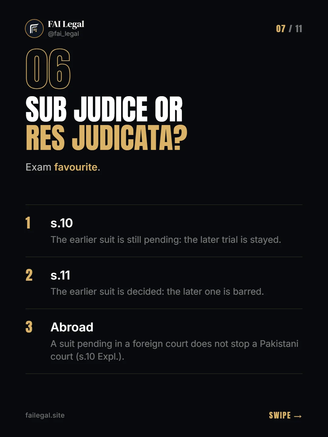 Sub judice or res judicata? · Exam favourite. · s.10 · s.11 · Abroad