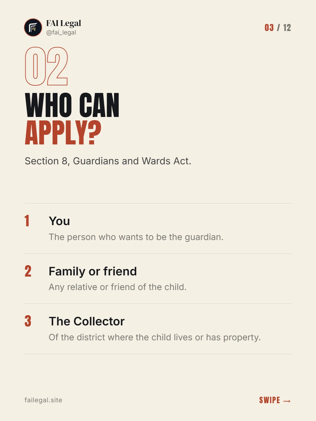 Who can apply? · Section 8, Guardians and Wards Act. · You · Family or friend · The Collector