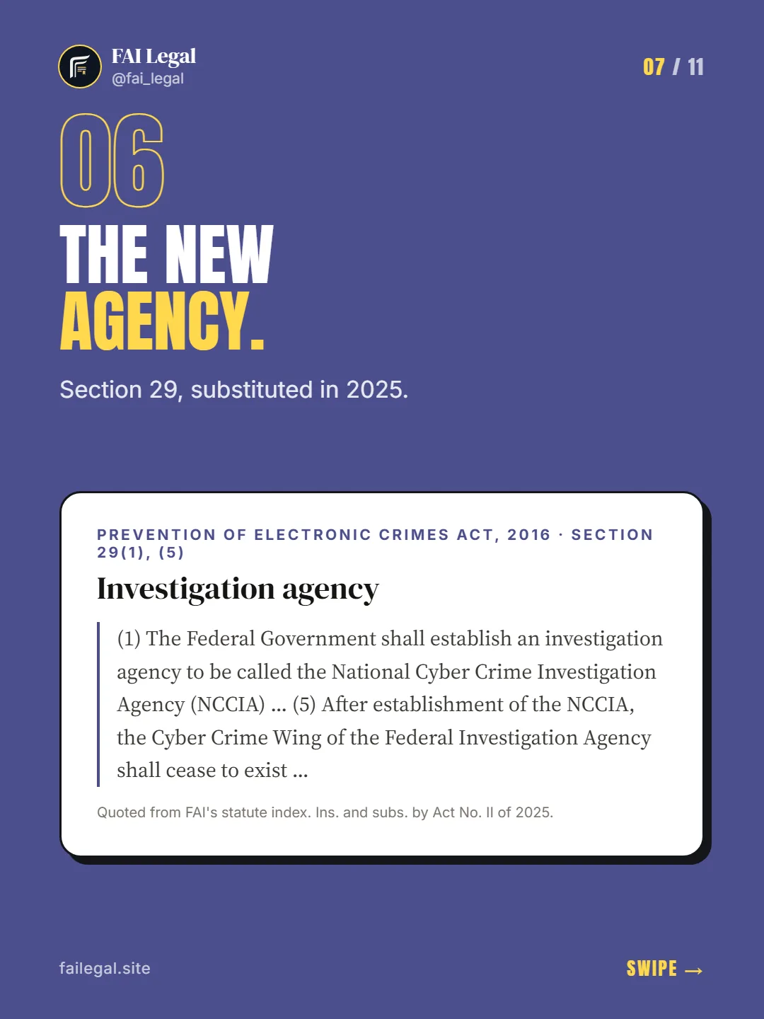 The new agency. · Section 29, substituted in 2025. · Prevention of Electronic Crimes Act, 2016 · Section 29(1), (5)