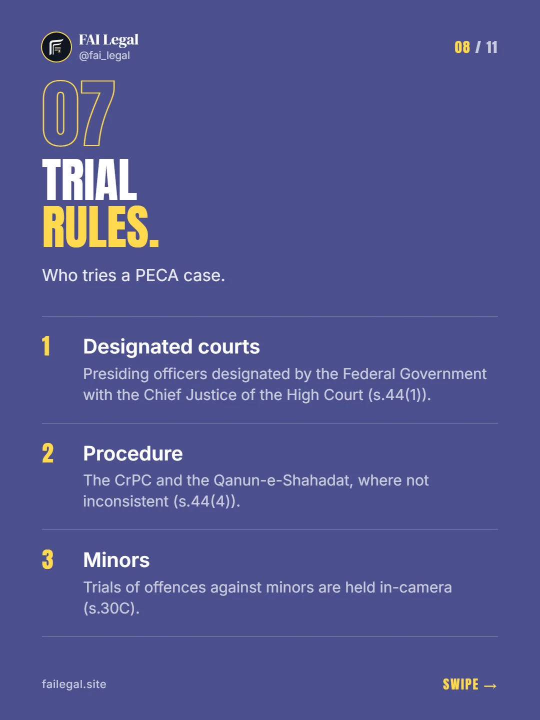 Trial rules. · Who tries a PECA case. · Designated courts · Procedure · Minors