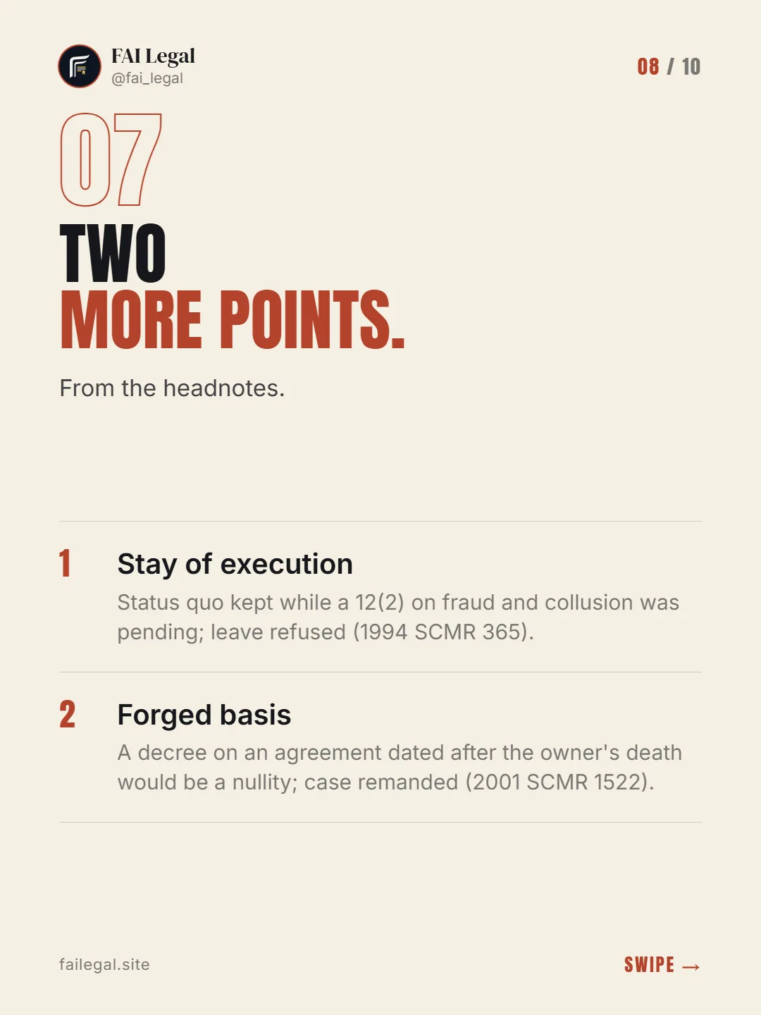 Two more points. · From the headnotes. · Stay of execution · Forged basis
