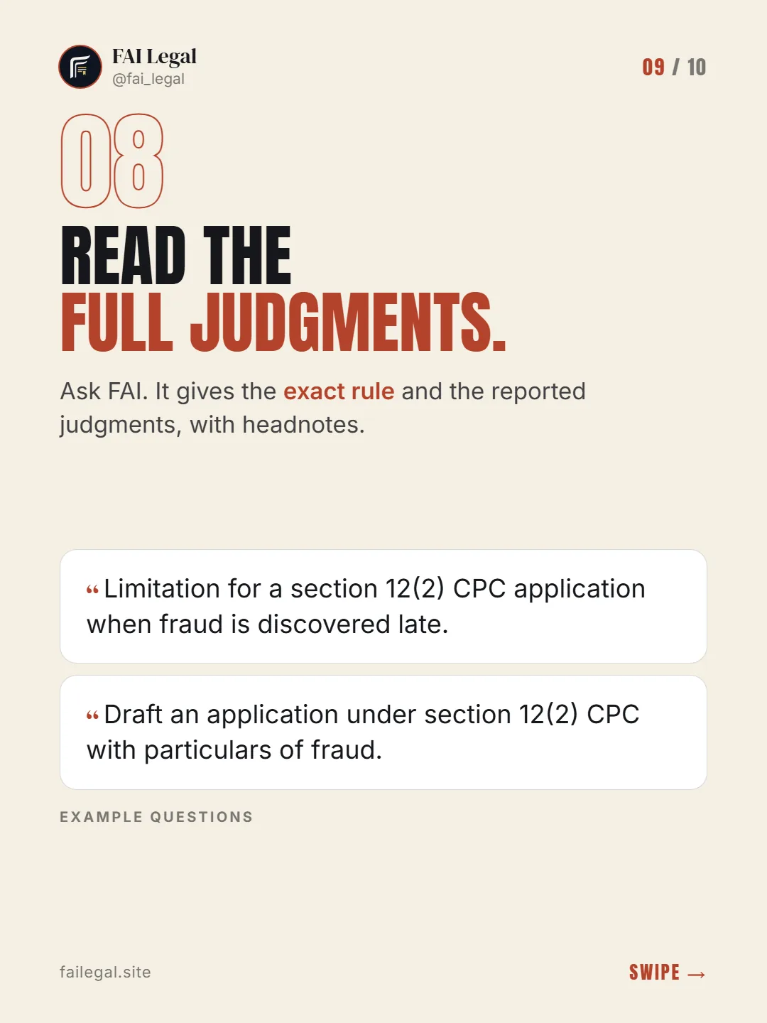 Read the full judgments. · Ask FAI. It gives the exact rule and the reported judgments, with headnotes. · Limitation for a section 12(2) CPC application when fraud is discovered late. · Draft an application under section 12(2) CPC with particulars of fraud.