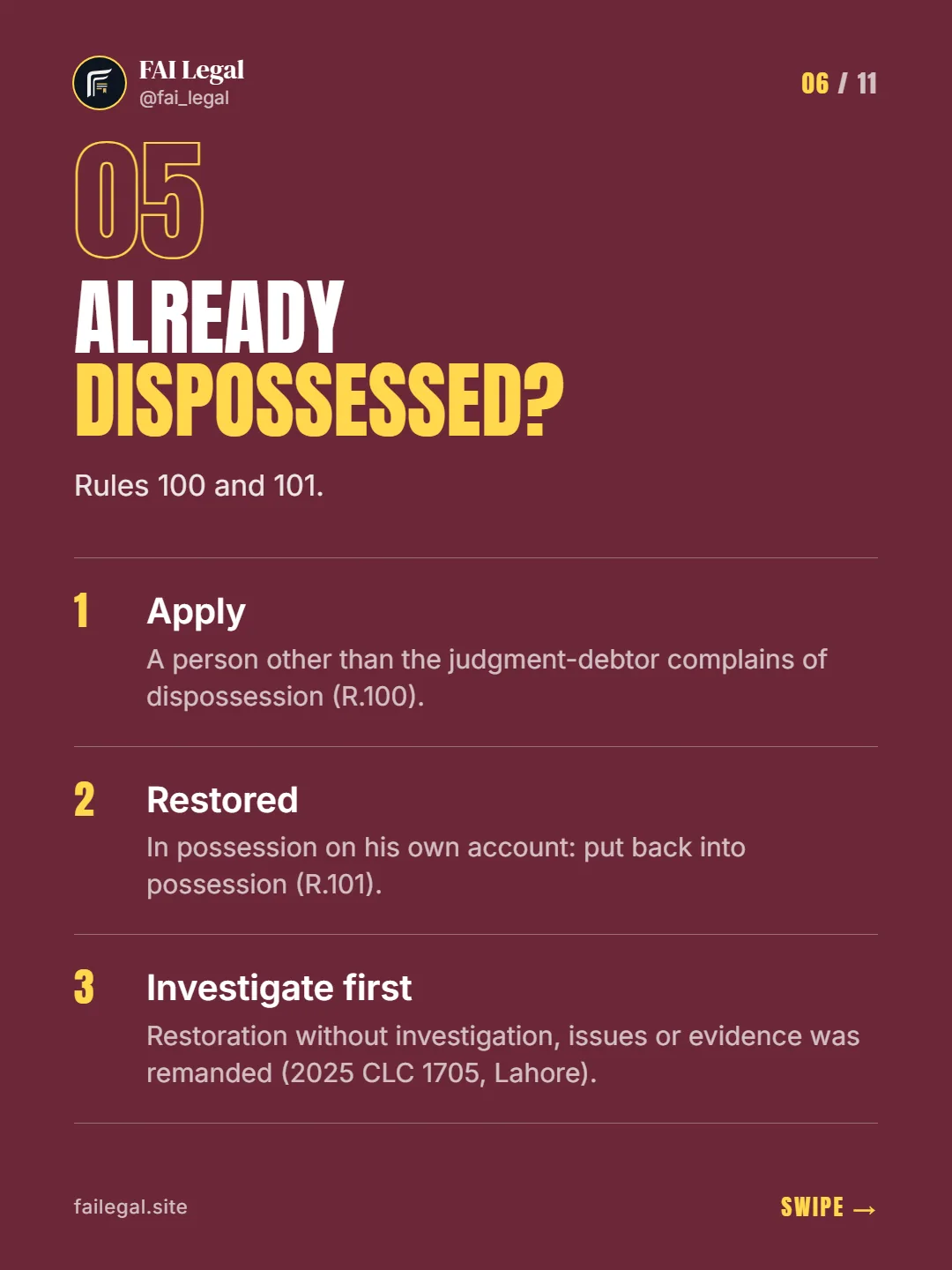 Already dispossessed? · Rules 100 and 101. · Apply · Restored · Investigate first