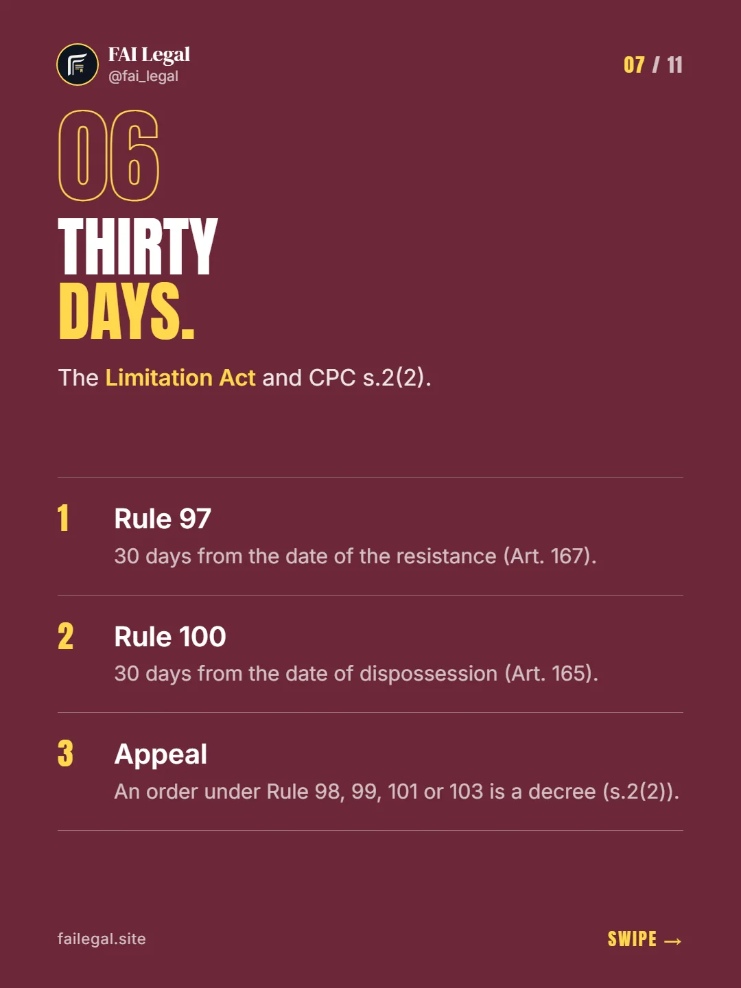 Thirty days. · The Limitation Act and CPC s.2(2). · Rule 97 · Rule 100 · Appeal