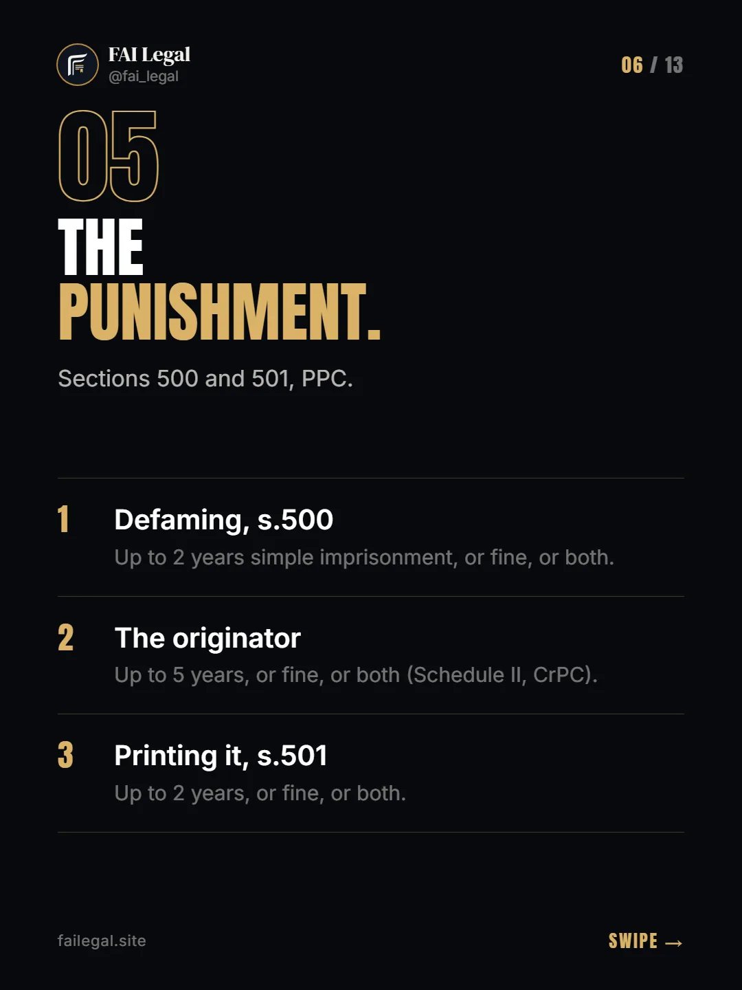 The punishment. · Sections 500 and 501, PPC. · Defaming, s.500 · The originator · Printing it, s.501