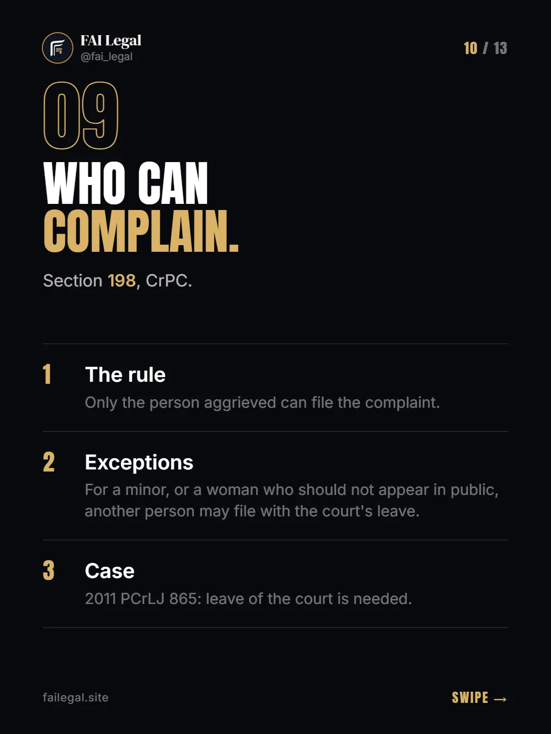 Who can complain. · Section 198, CrPC. · The rule · Exceptions · Case