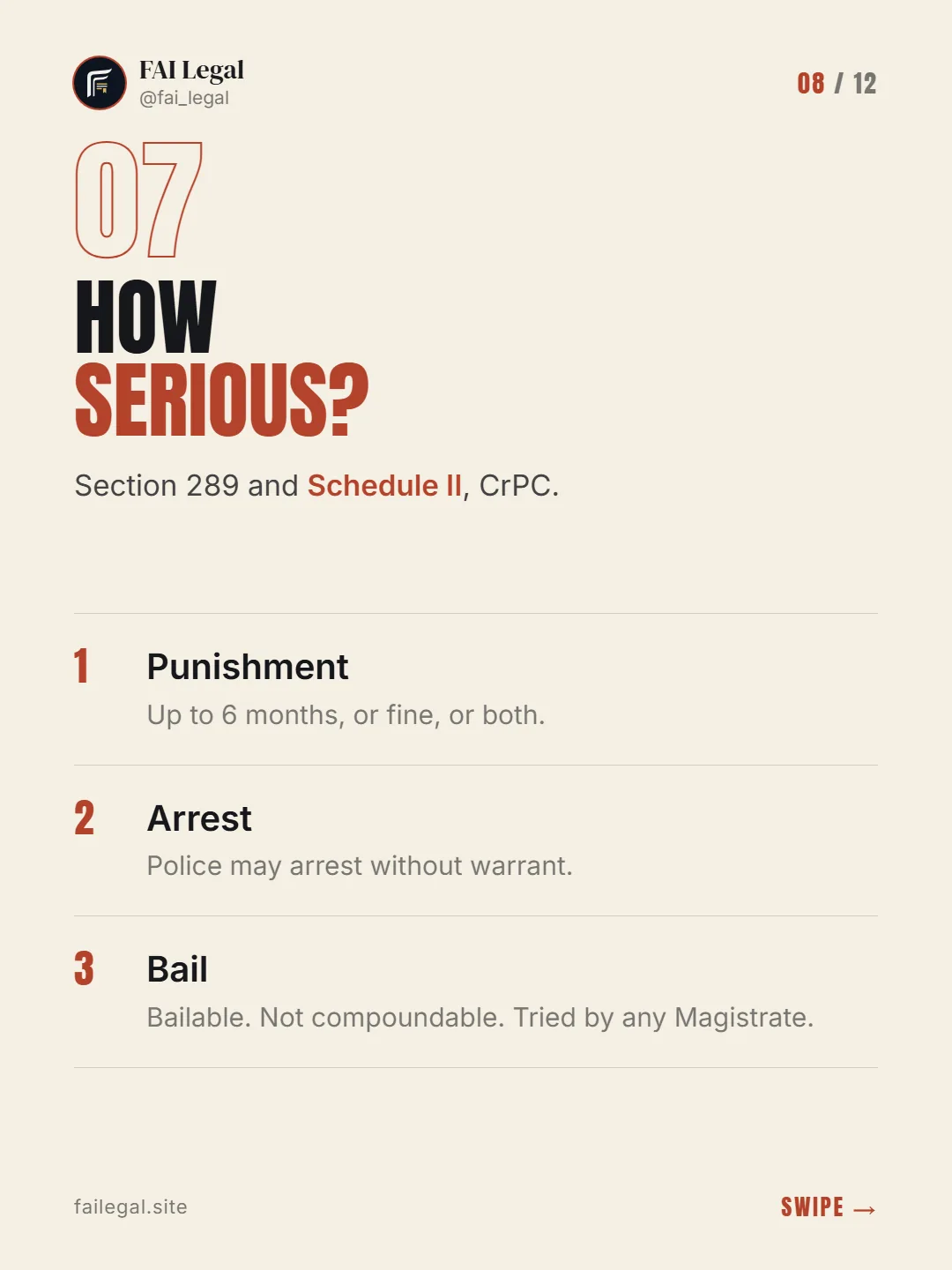How serious? · Section 289 and Schedule II, CrPC. · Punishment · Arrest · Bail