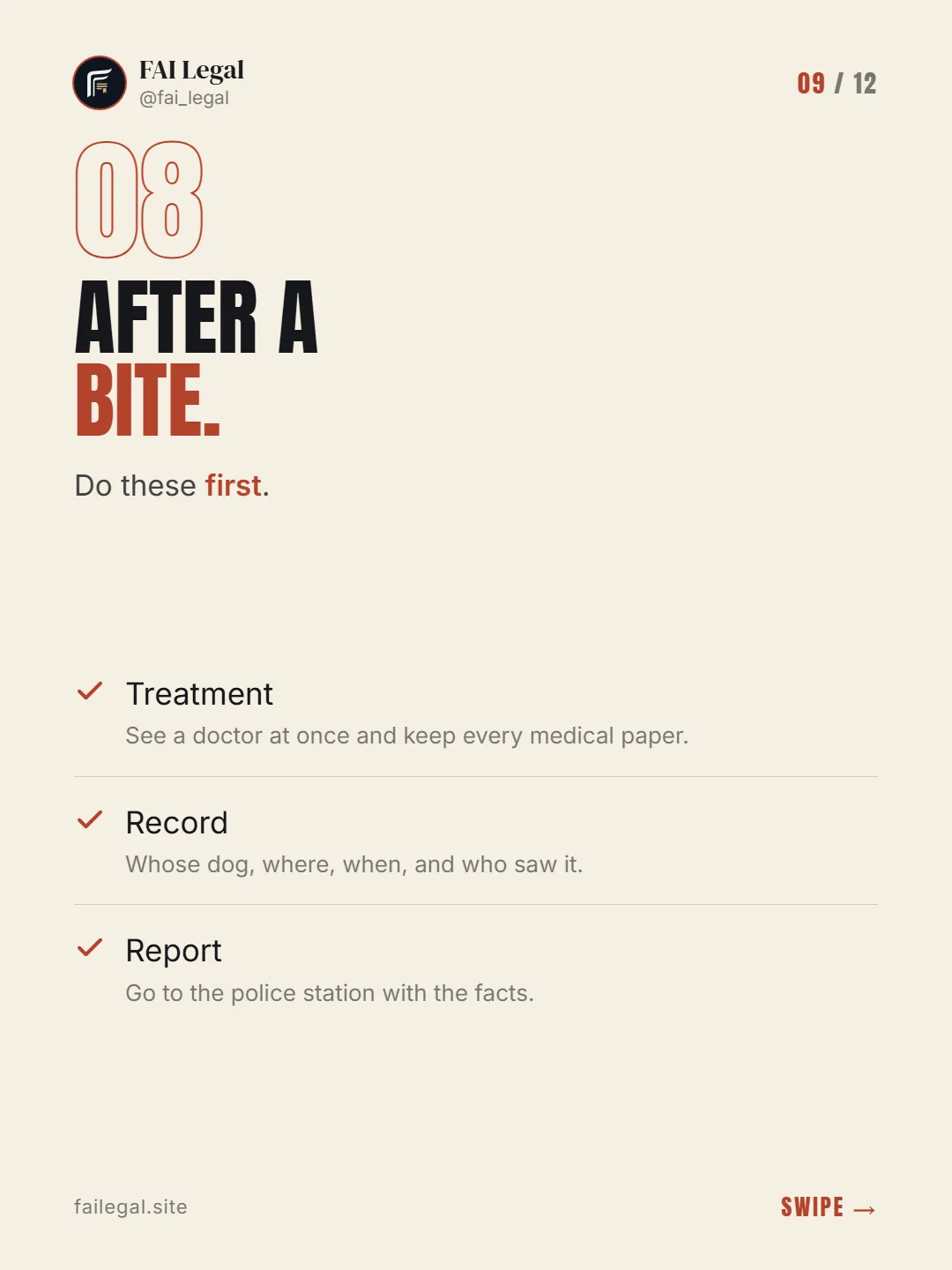 After a bite. · Do these first. · Treatment · Record · Report