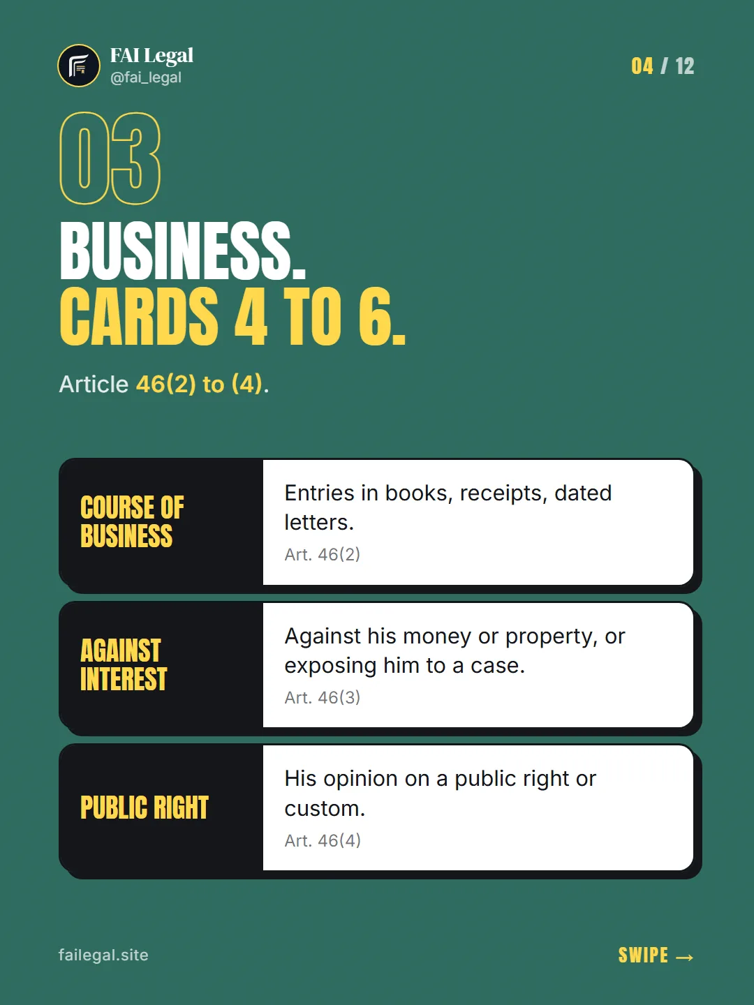Business. Cards 4 to 6. · Article 46(2) to (4). · Course of business · Against interest · Public right