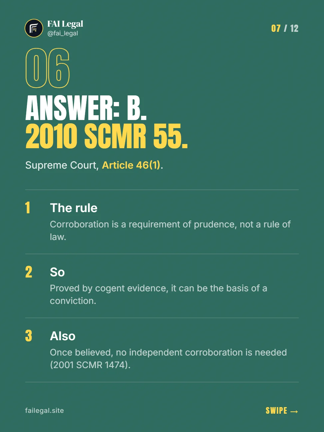 Answer: B. 2010 SCMR 55. · Supreme Court, Article 46(1). · The rule · So · Also