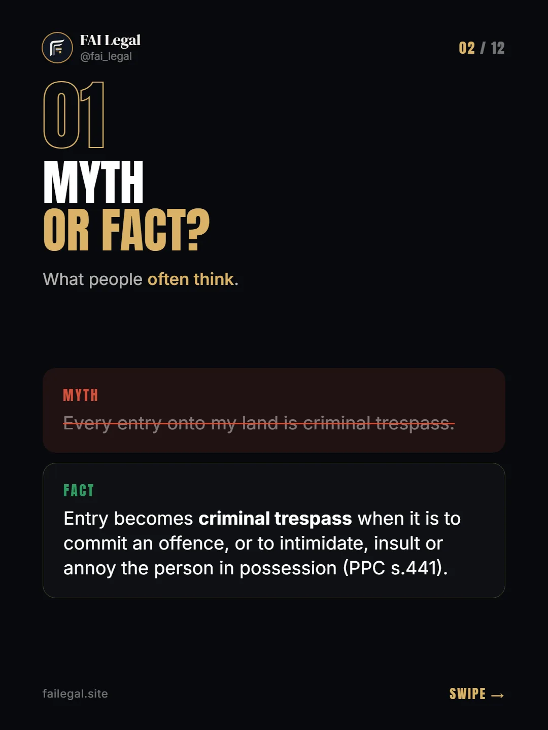 Myth or fact? · What people often think. · Myth: Every entry onto my land is criminal trespass. · Fact: Entry becomes criminal trespass when it is to commit an offence, or to intimidate, insult or annoy the person in possession (PPC s.441).