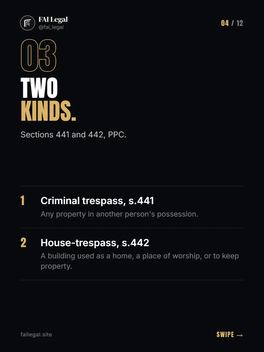 Two kinds. · Sections 441 and 442, PPC. · Criminal trespass, s.441 · House-trespass, s.442