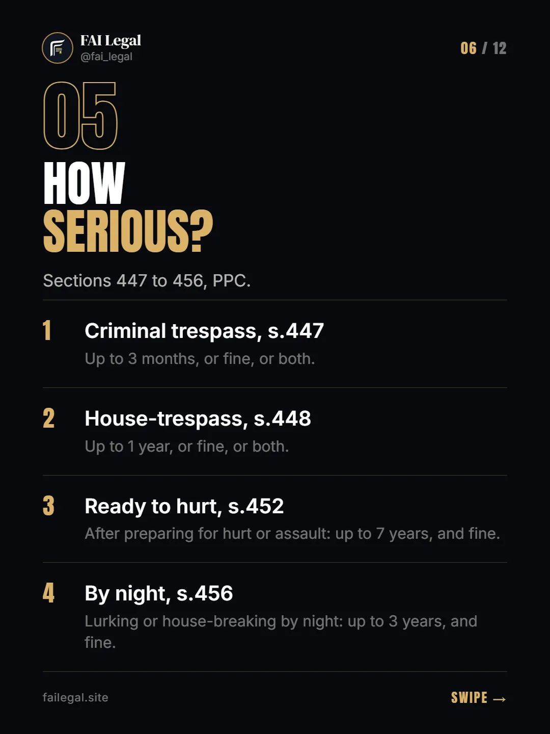How serious? · Sections 447 to 456, PPC. · Criminal trespass, s.447 · House-trespass, s.448 · Ready to hurt, s.452 · By night, s.456