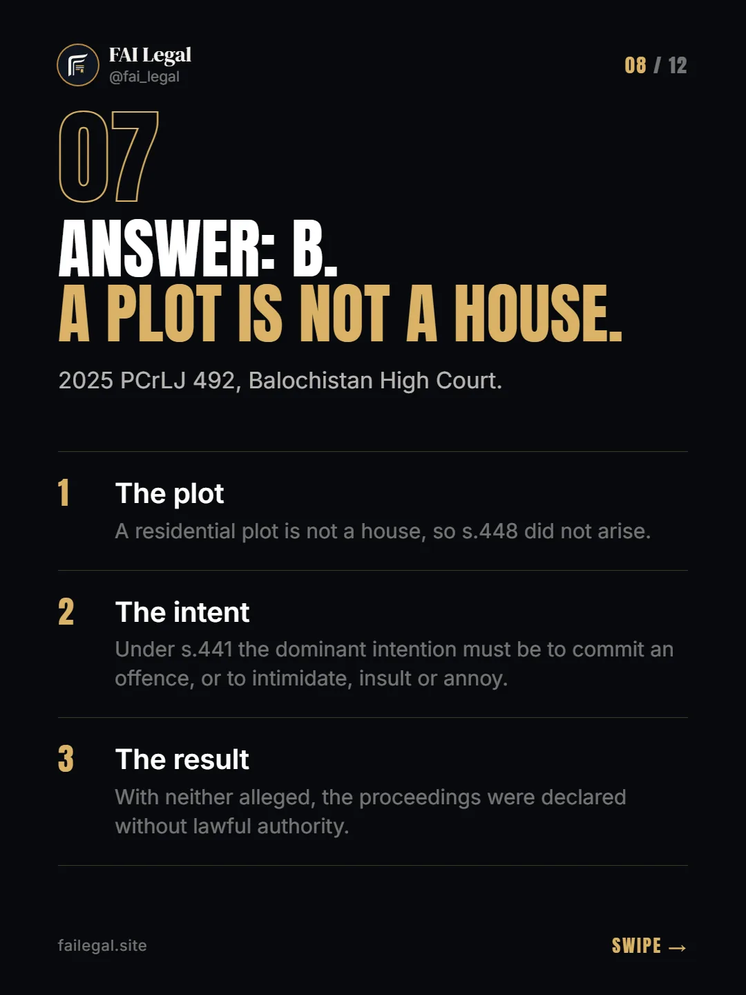 Answer: B. A plot is not a house. · 2025 PCrLJ 492, Balochistan High Court. · The plot · The intent · The result