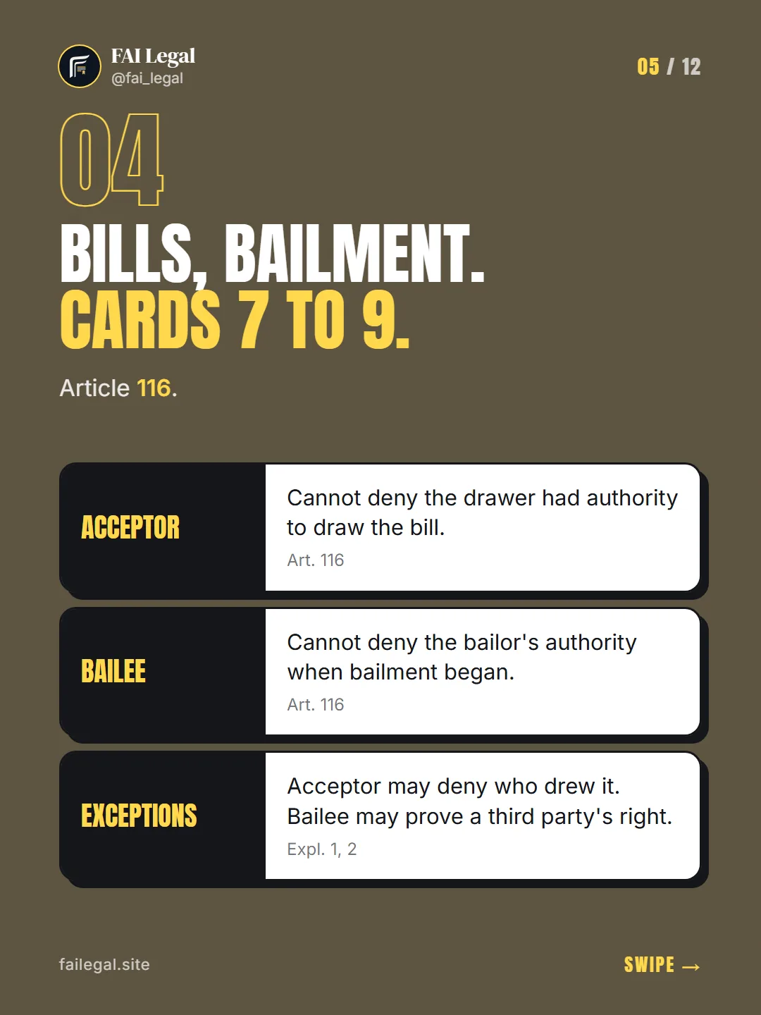 Bills, bailment. Cards 7 to 9. · Article 116. · Acceptor · Bailee · Exceptions