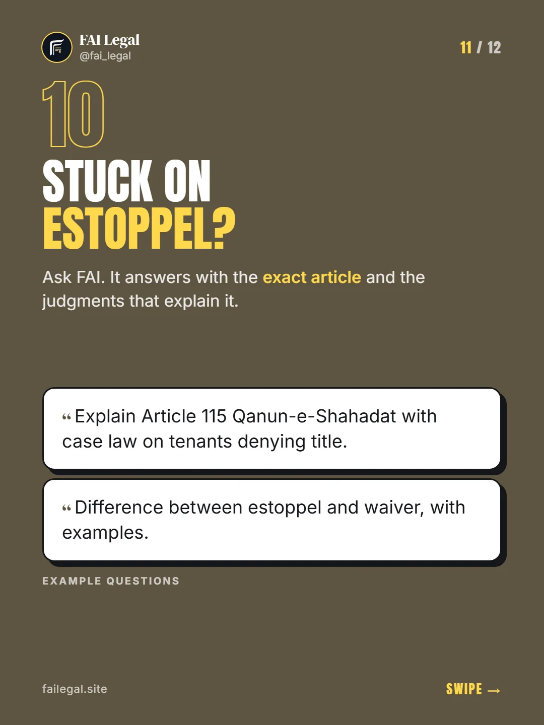 Stuck on estoppel? · Ask FAI. It answers with the exact article and the judgments that explain it. · Explain Article 115 Qanun-e-Shahadat with case law on tenants denying title. · Difference between estoppel and waiver, with examples.