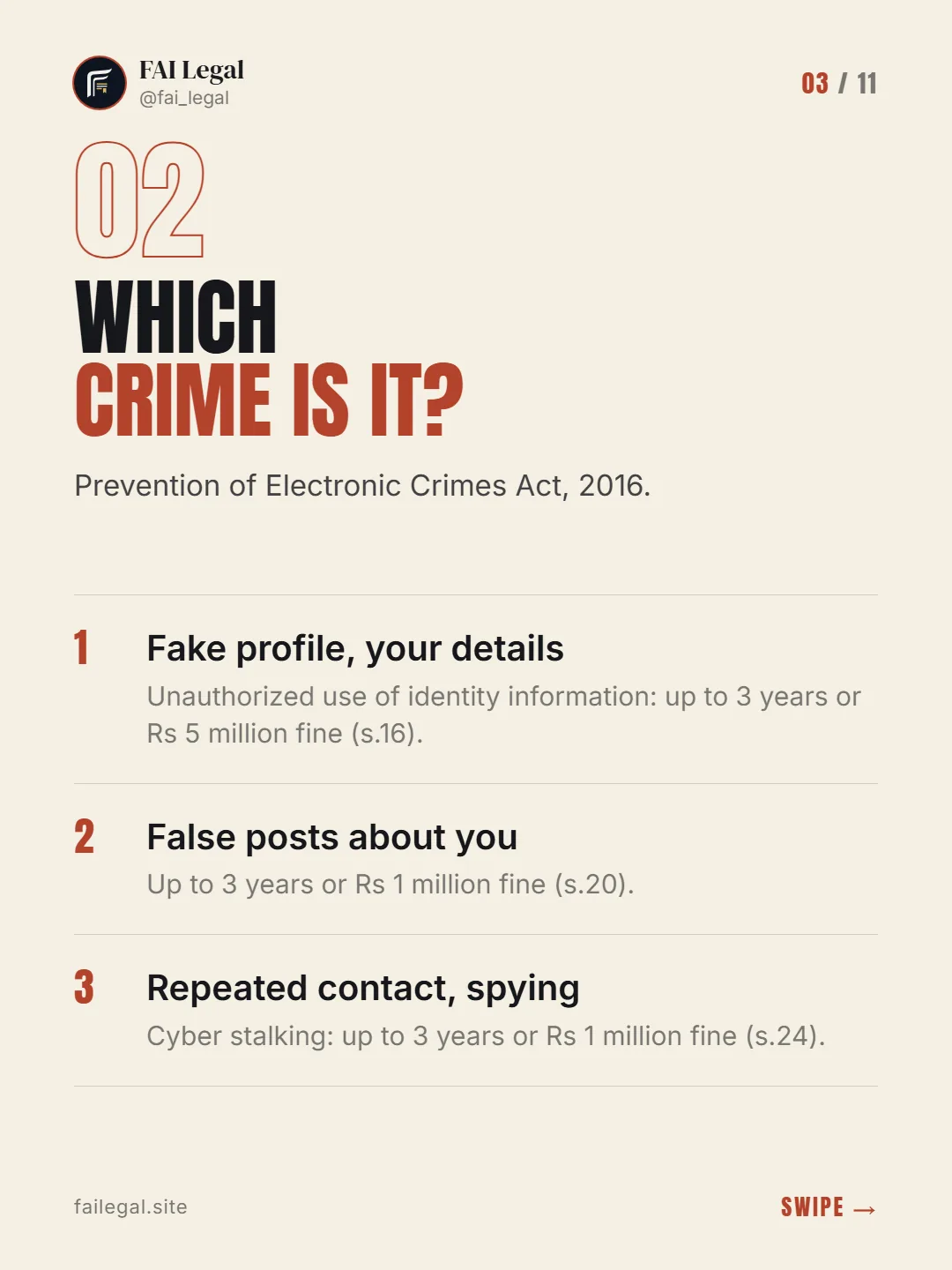 Which crime is it? · Prevention of Electronic Crimes Act, 2016. · Fake profile, your details · False posts about you · Repeated contact, spying