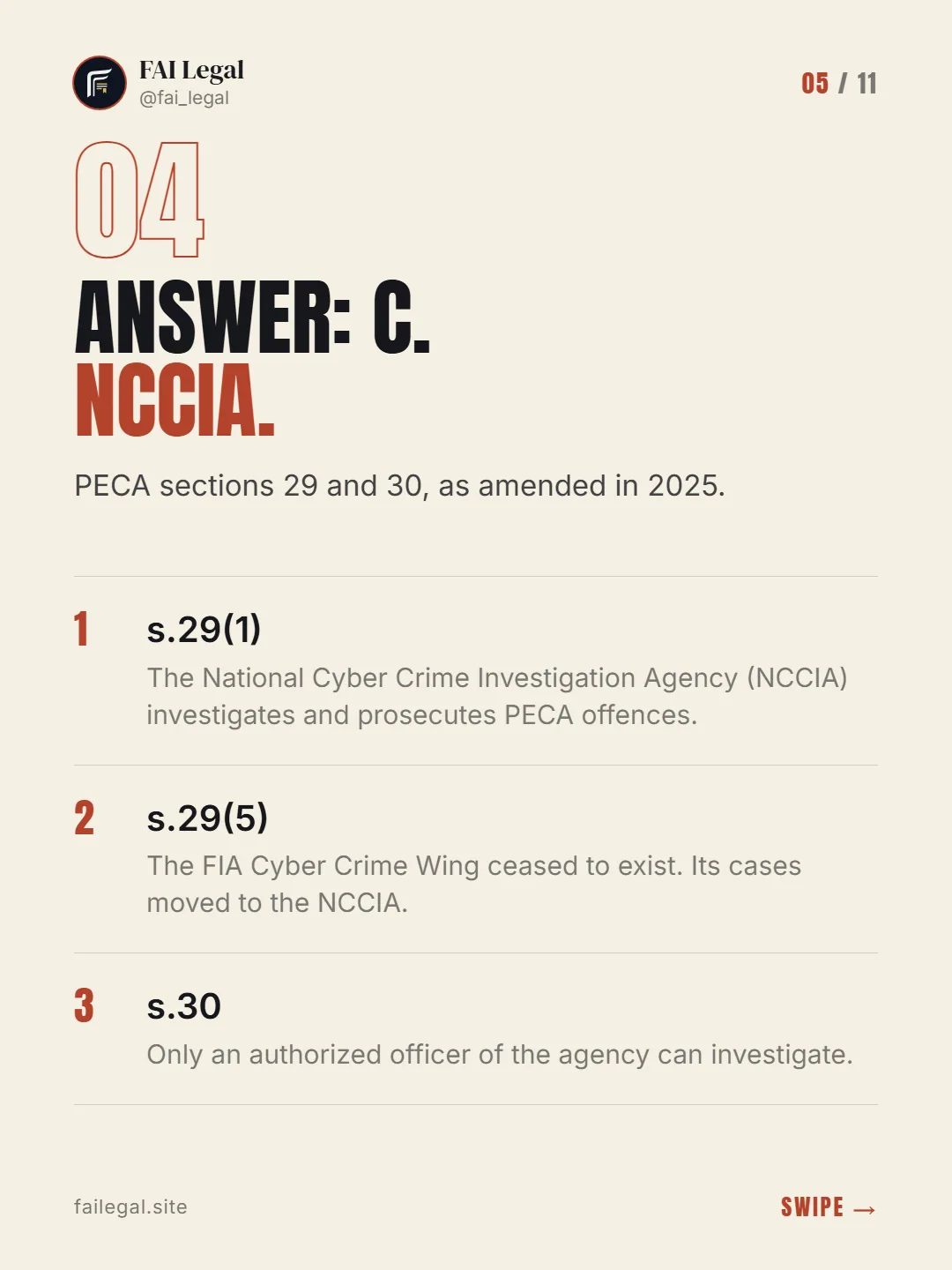 Answer: C. NCCIA. · PECA sections 29 and 30, as amended in 2025. · s.29(1) · s.29(5) · s.30