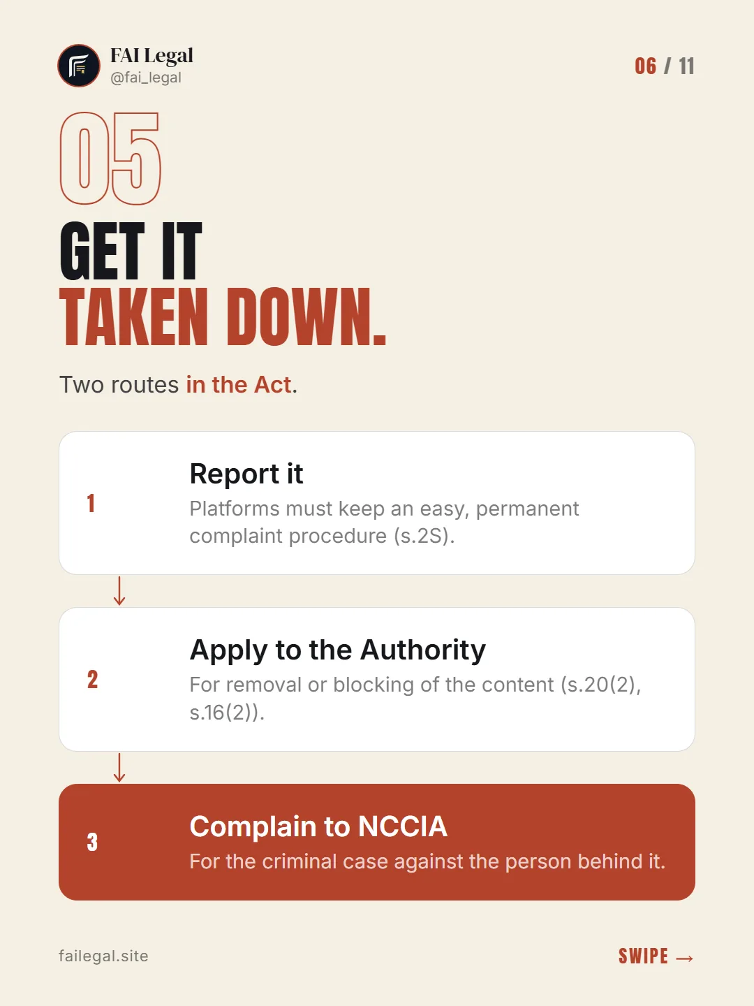 Get it taken down. · Two routes in the Act. · Report it · Apply to the Authority · Complain to NCCIA