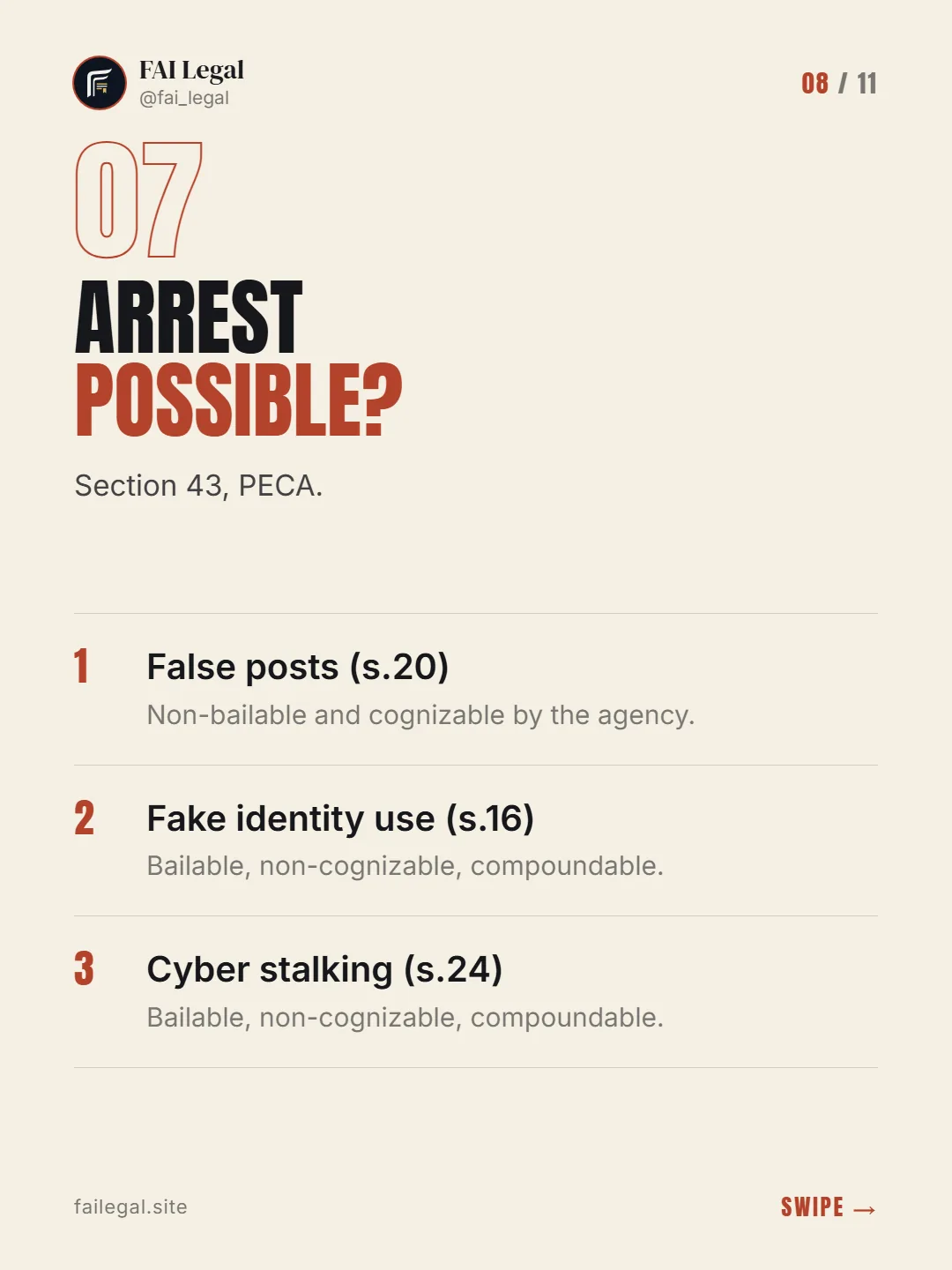 Arrest possible? · Section 43, PECA. · False posts (s.20) · Fake identity use (s.16) · Cyber stalking (s.24)
