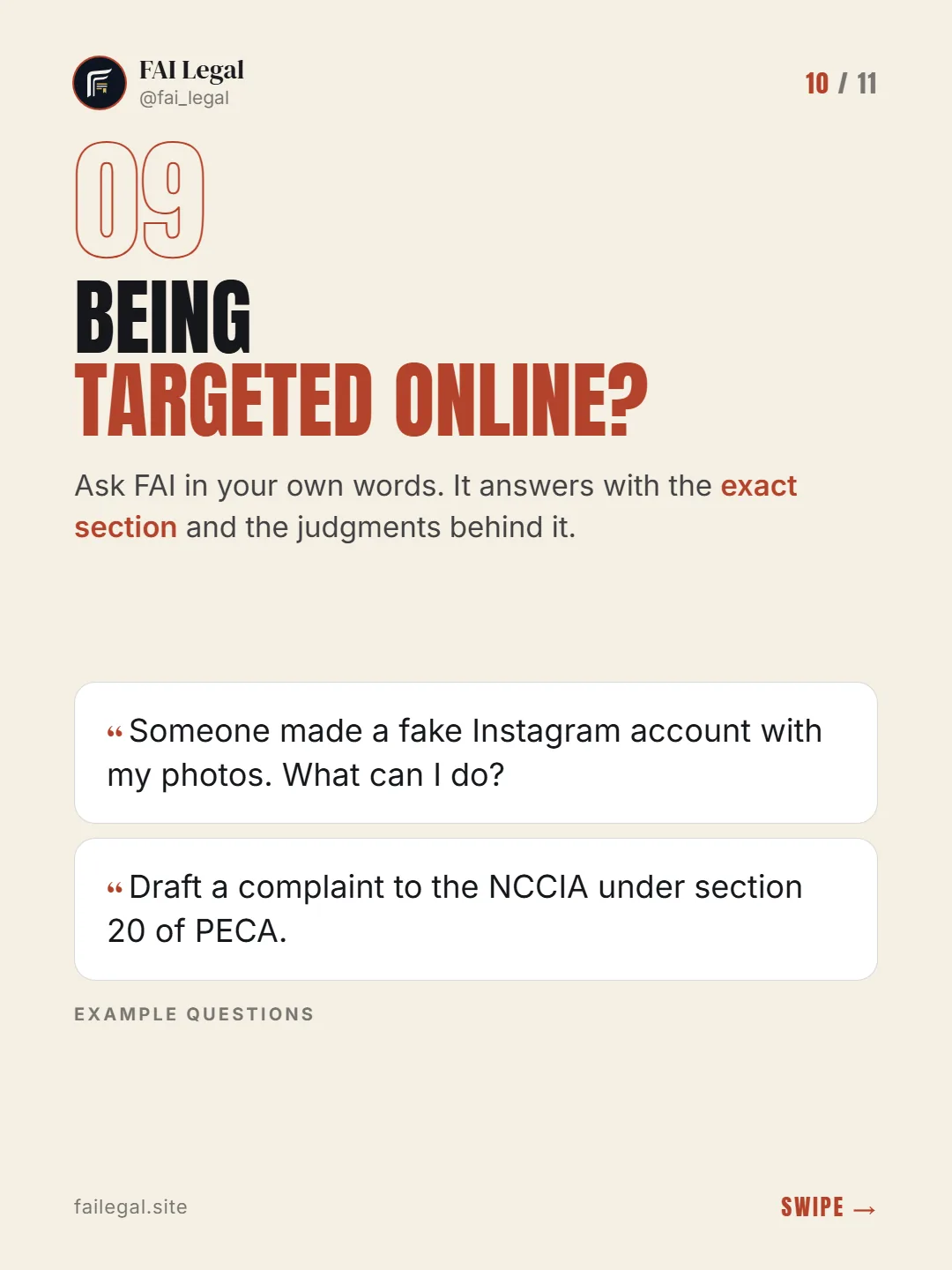 Being targeted online? · Ask FAI in your own words. It answers with the exact section and the judgments behind it. · Someone made a fake Instagram account with my photos. What can I do? · Draft a complaint to the NCCIA under section 20 of PECA.