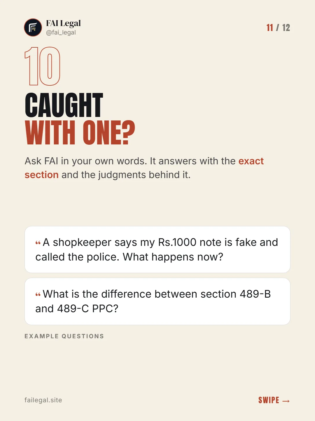 Caught with one? · Ask FAI in your own words. It answers with the exact section and the judgments behind it. · A shopkeeper says my Rs.1000 note is fake and called the police. What happens now? · What is the difference between section 489-B and 489-C PPC?