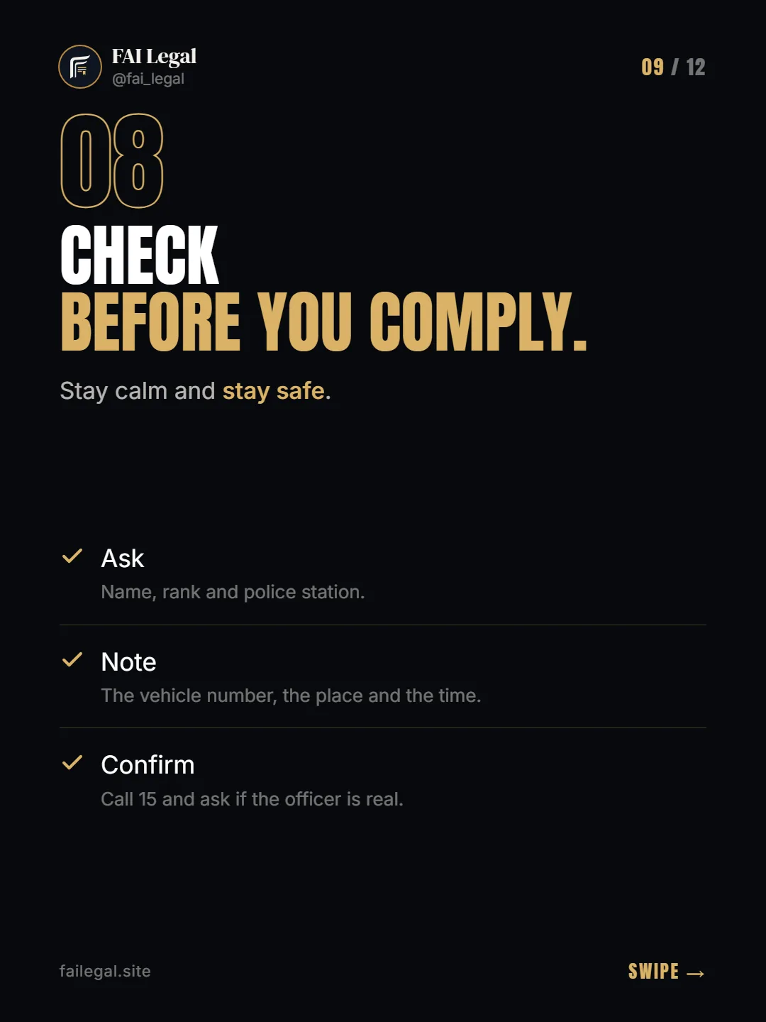 Check before you comply. · Stay calm and stay safe. · Ask · Note · Confirm