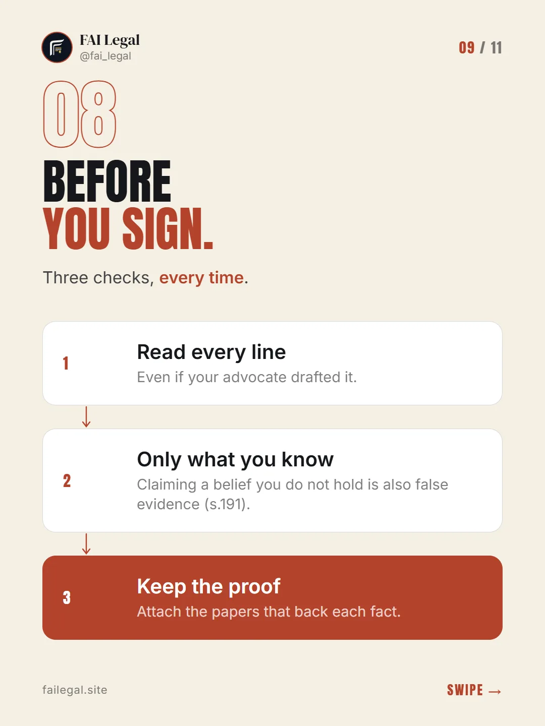 Before you sign. · Three checks, every time. · Read every line · Only what you know · Keep the proof
