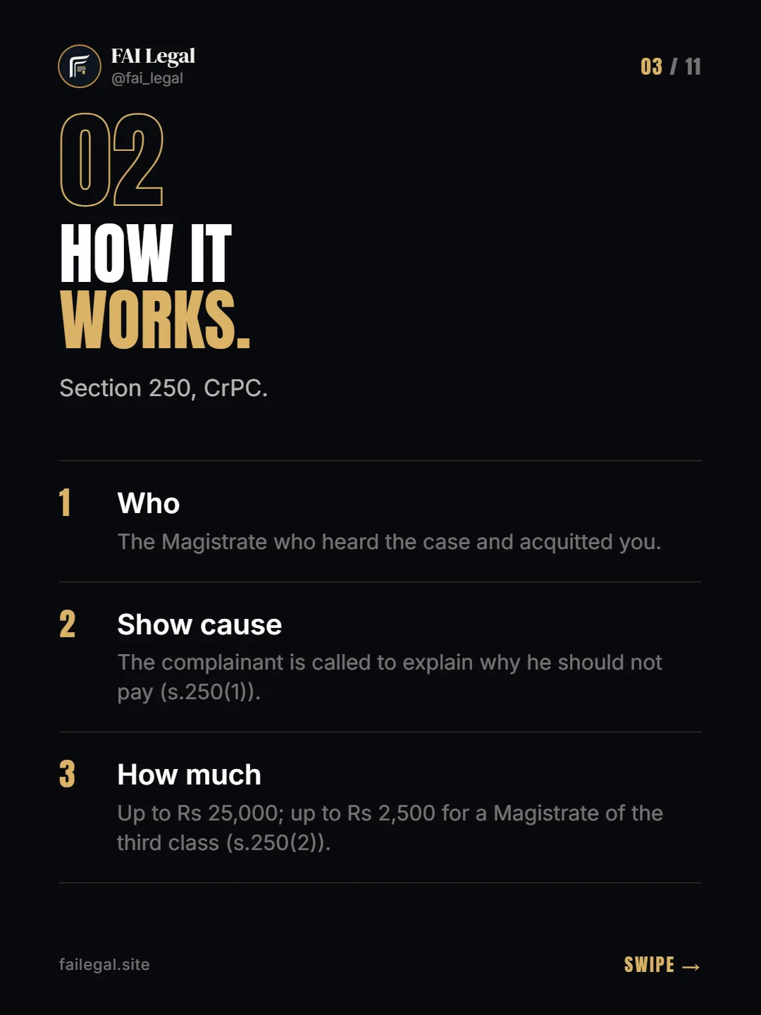 How it works. · Section 250, CrPC. · Who · Show cause · How much