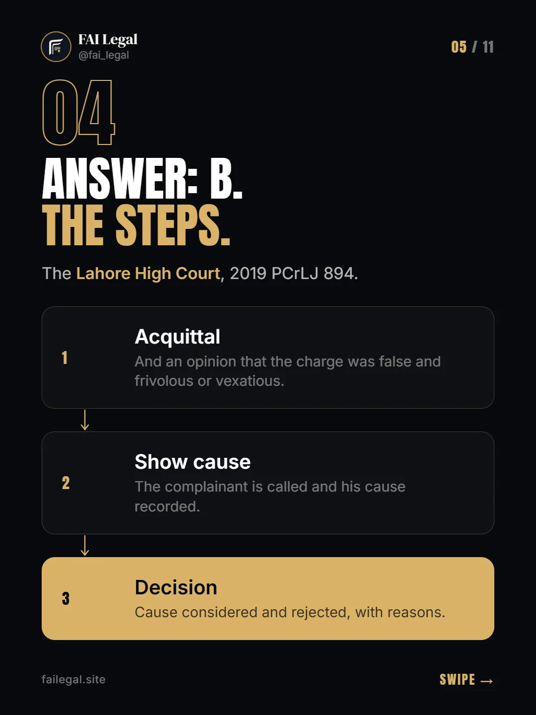 Answer: B. The steps. · The Lahore High Court, 2019 PCrLJ 894. · Acquittal · Show cause · Decision