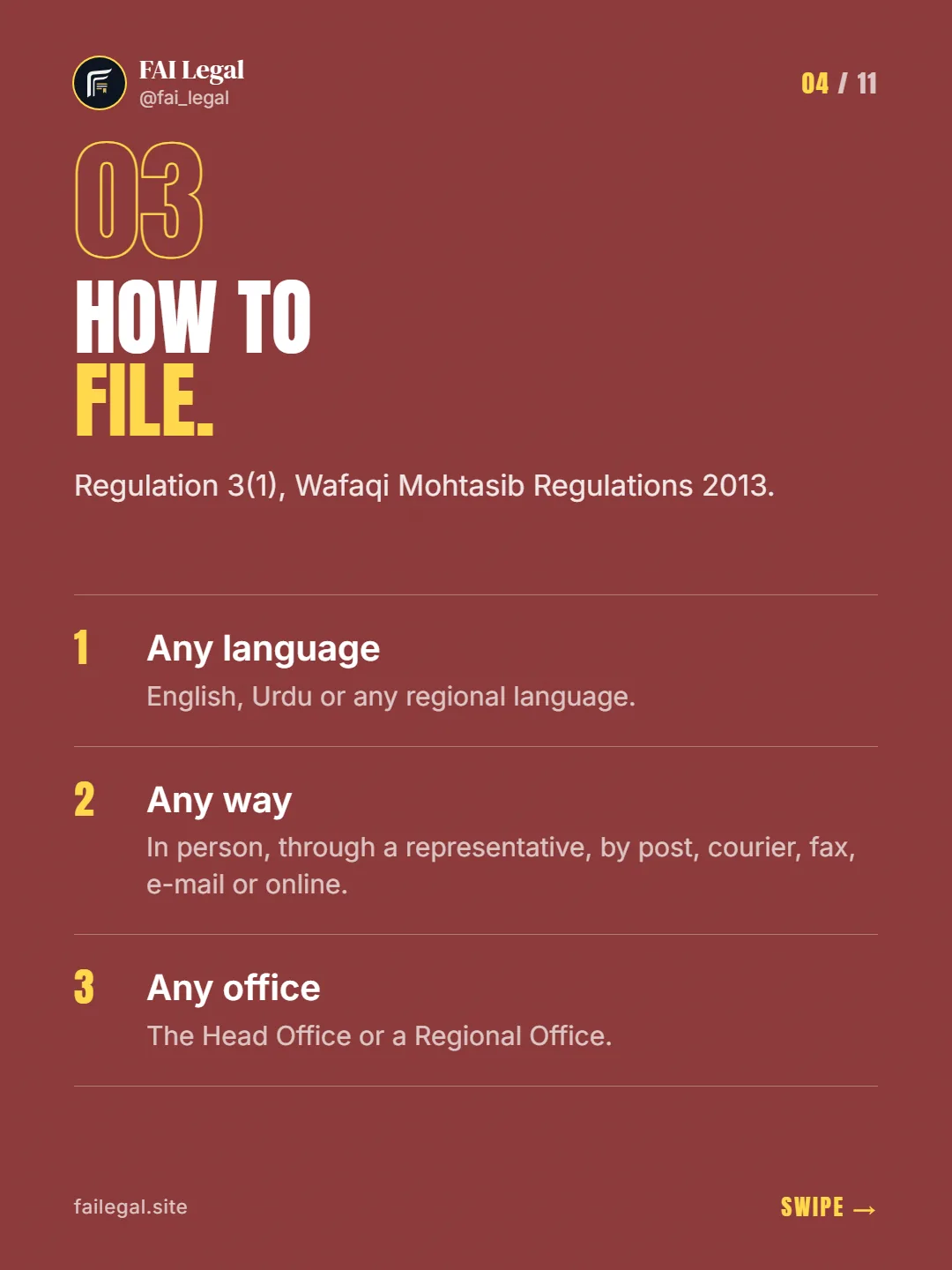 How to file. · Regulation 3(1), Wafaqi Mohtasib Regulations 2013. · Any language · Any way · Any office