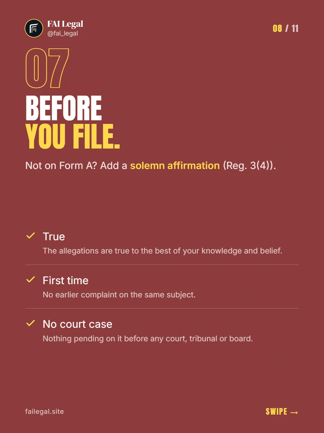 Before you file. · Not on Form A? Add a solemn affirmation (Reg. 3(4)). · True · First time · No court case