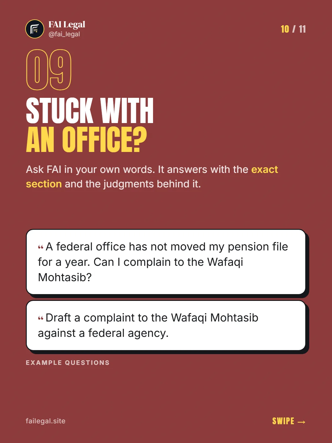 Stuck with an office? · Ask FAI in your own words. It answers with the exact section and the judgments behind it. · A federal office has not moved my pension file for a year. Can I complain to the Wafaqi Mohtasib? · Draft a complaint to the Wafaqi Mohtasib against a federal agency.