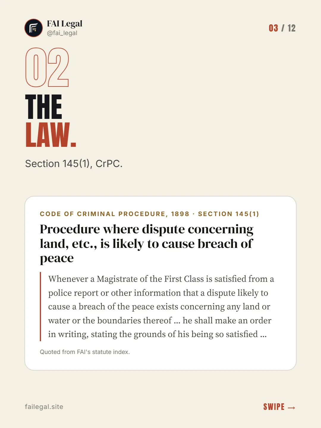 The law. · Section 145(1), CrPC. · Code of Criminal Procedure, 1898 · Section 145(1)