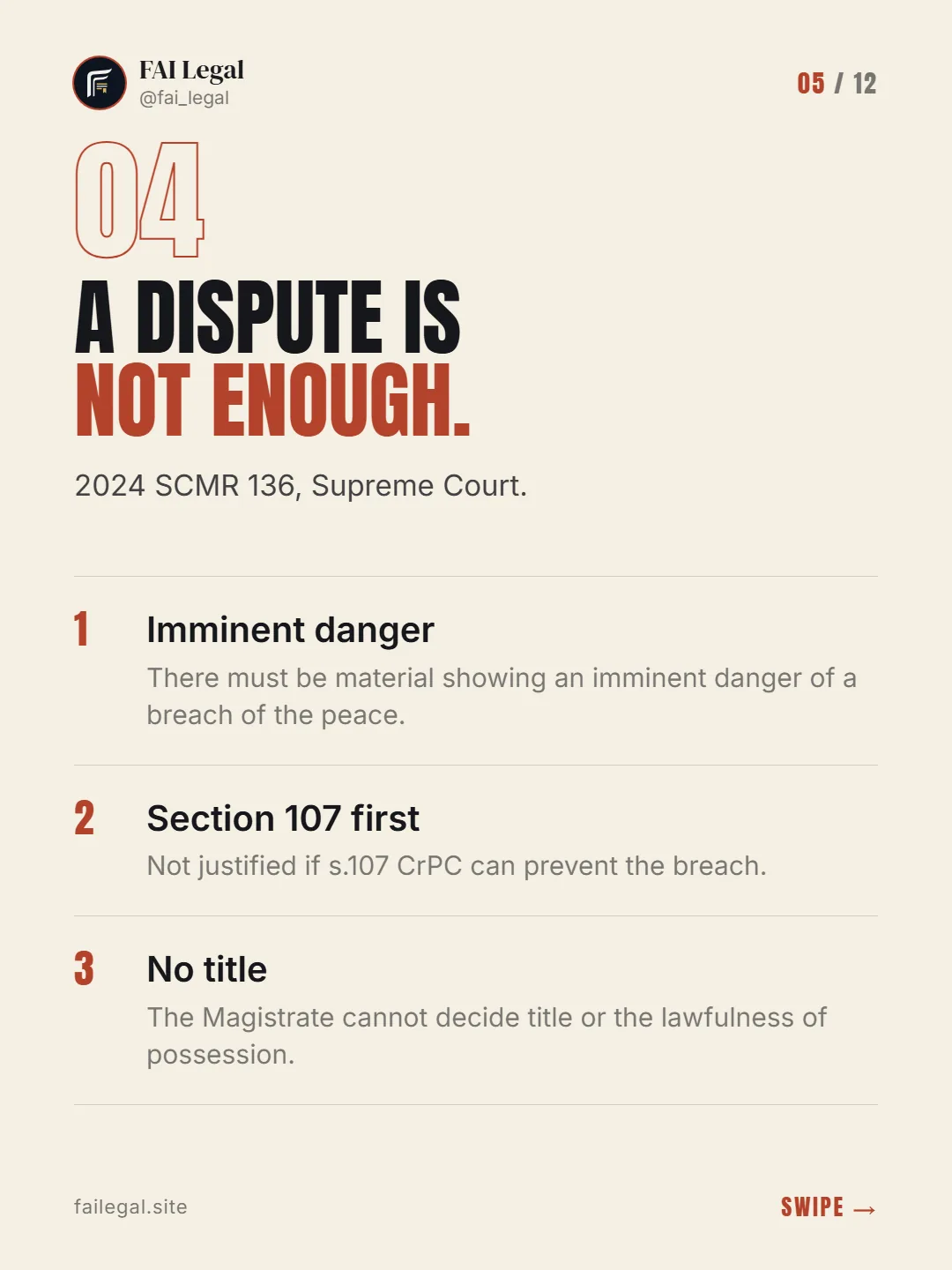A dispute is not enough. · 2024 SCMR 136, Supreme Court. · Imminent danger · Section 107 first · No title