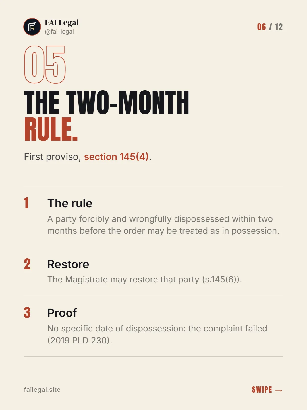 The two-month rule. · First proviso, section 145(4). · The rule · Restore · Proof