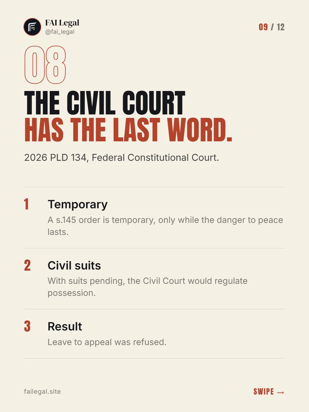 The civil court has the last word. · 2026 PLD 134, Federal Constitutional Court. · Temporary · Civil suits · Result