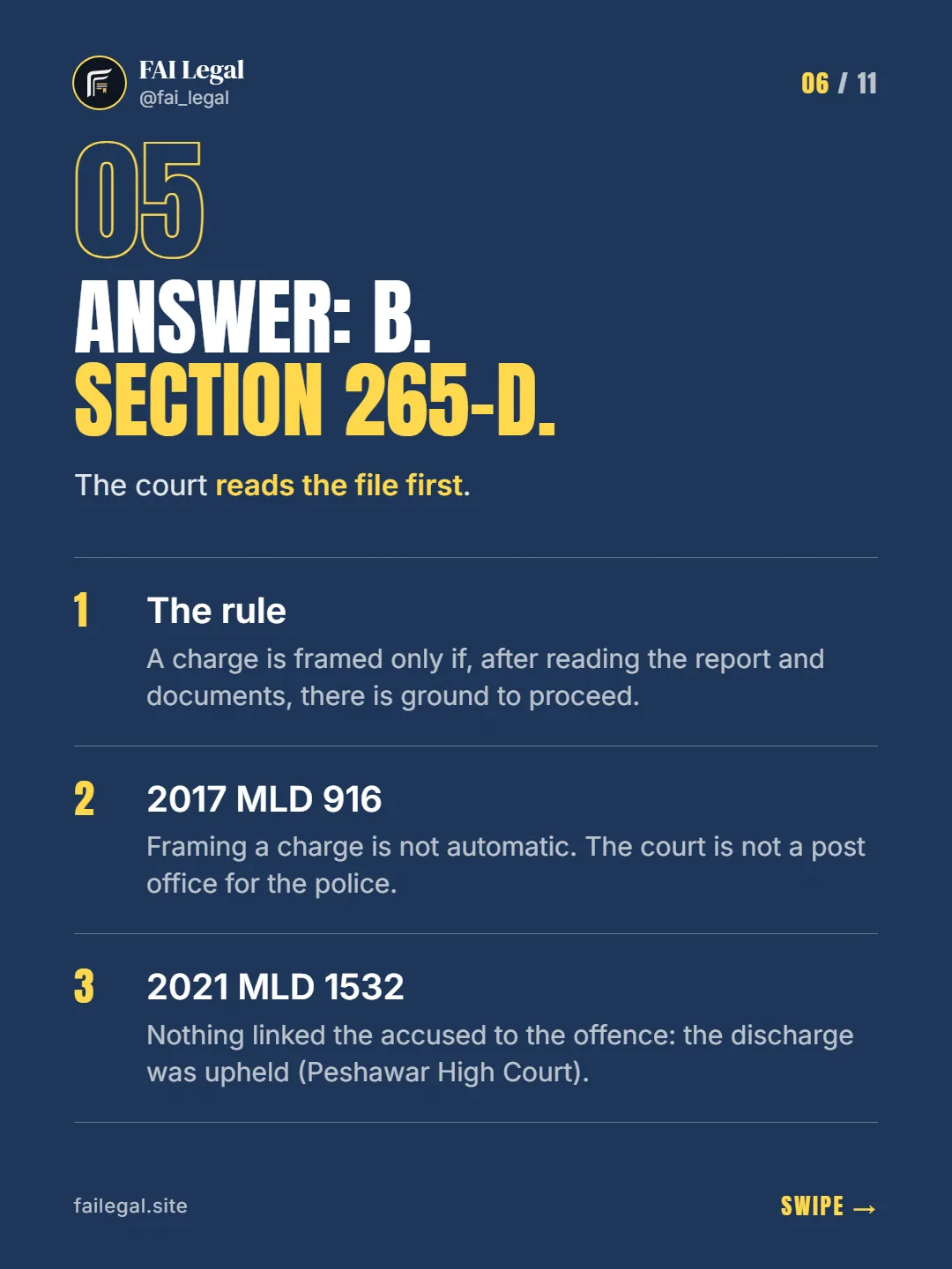 Answer: B. Section 265-D. · The court reads the file first. · The rule · 2017 MLD 916 · 2021 MLD 1532