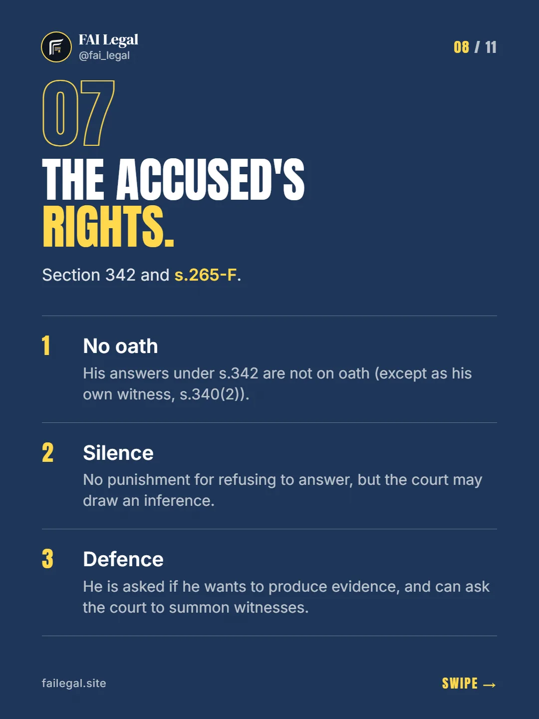 The accused's rights. · Section 342 and s.265-F. · No oath · Silence · Defence
