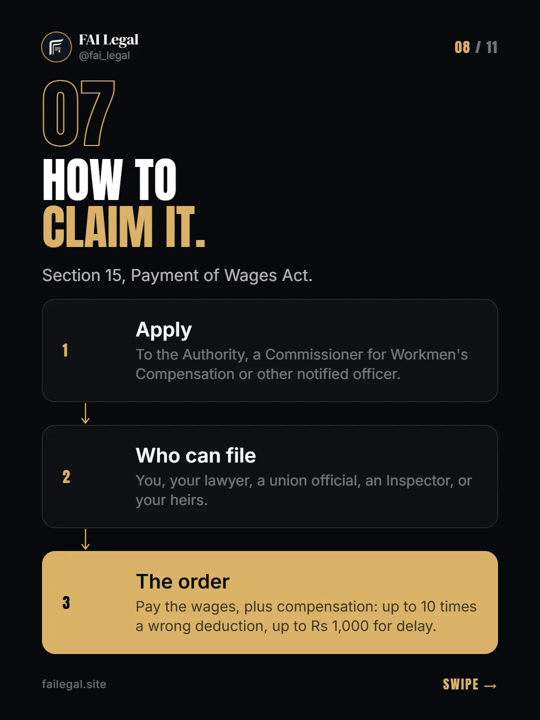 How to claim it. · Section 15, Payment of Wages Act. · Apply · Who can file · The order