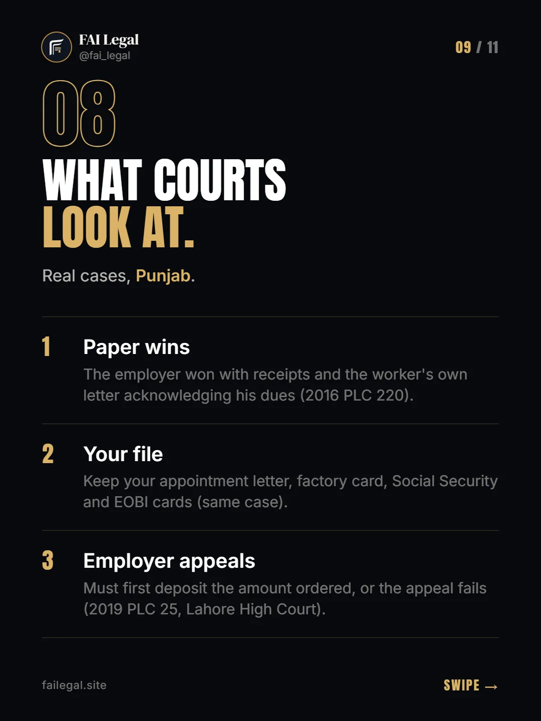What courts look at. · Real cases, Punjab. · Paper wins · Your file · Employer appeals