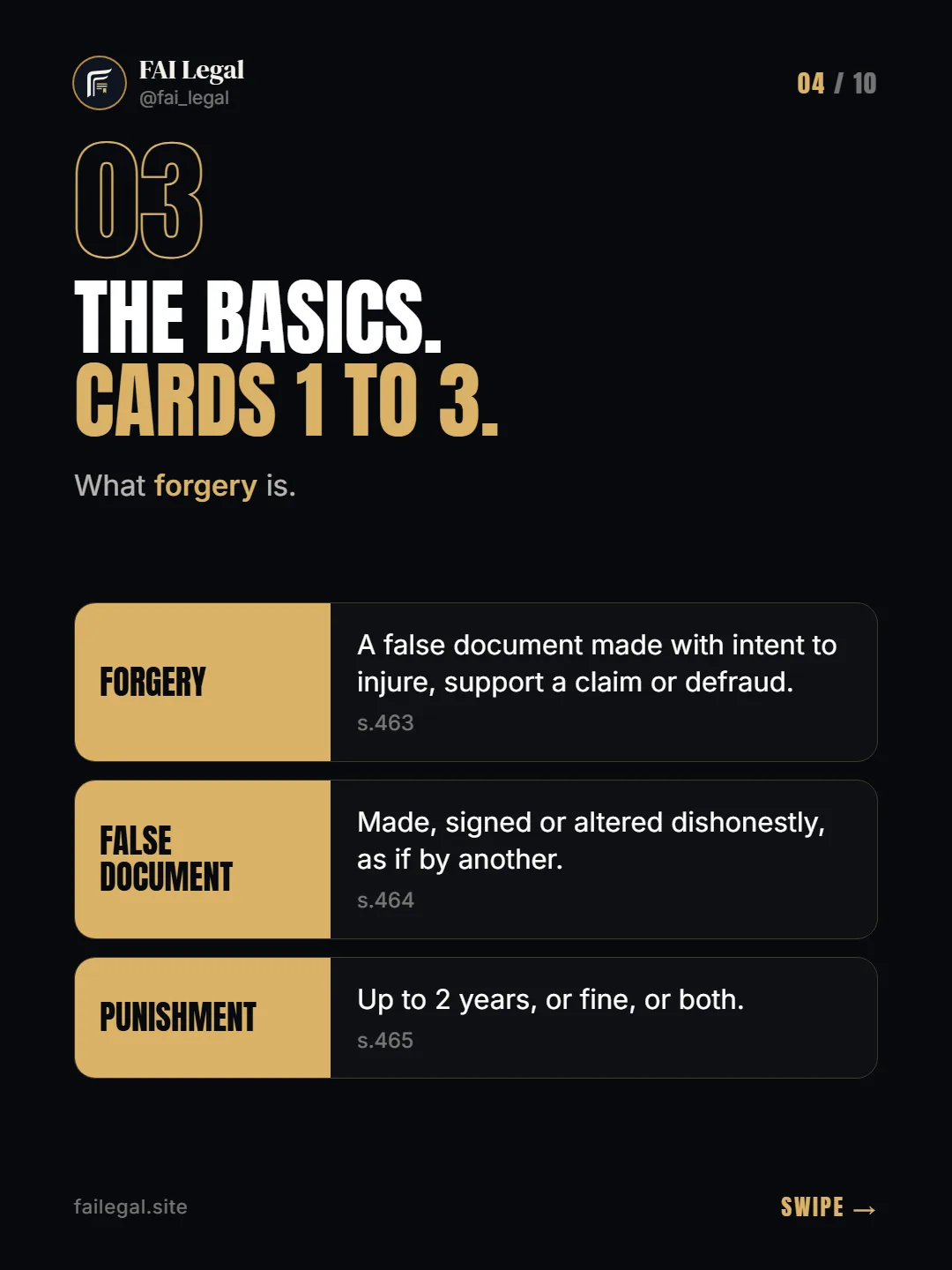 The basics. Cards 1 to 3. · What forgery is. · Forgery · False document · Punishment